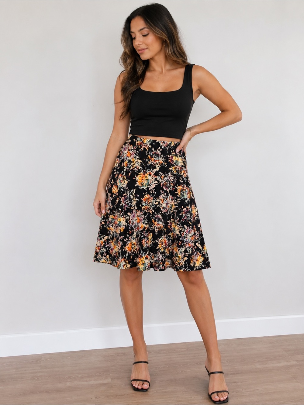 LuLaRoe‎ Floral Abstract Midi Skirt Women's Size S Black Stretch Pull On Casual